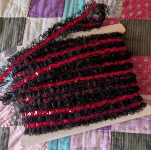 Vintage sequin lace trim, Beautiful!, black ruffle lace W sequins